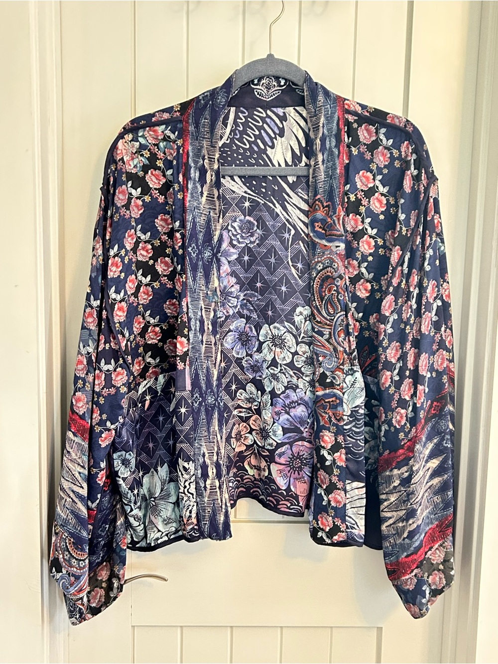 Johnny Was Reversible Floral Mixed-Print Navy Satin Kimono Jacket Small